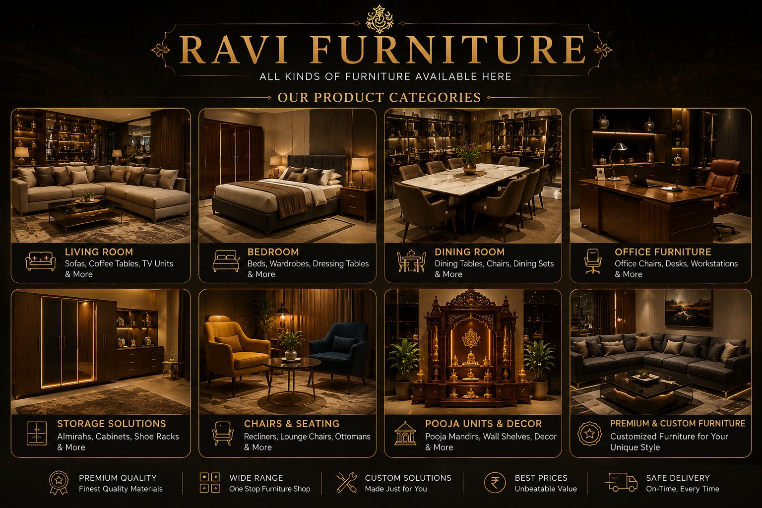 Ravi Furniture product categories including living room, bedroom, dining room, office furniture, storage, seating, pooja units and custom furniture